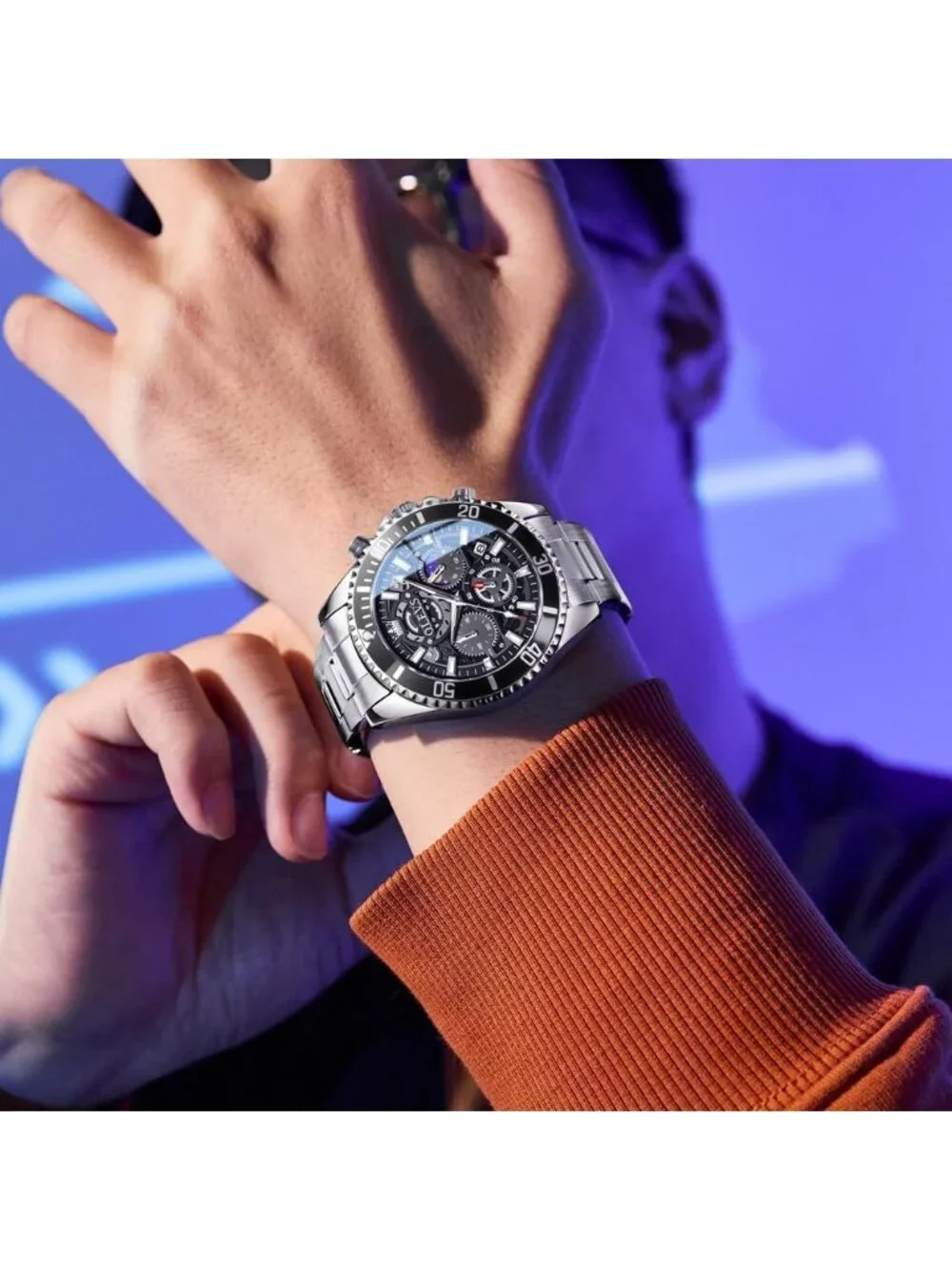 Men's Silver-Black Stainless Steel Waterproof Business Date Dress Wrist Watch